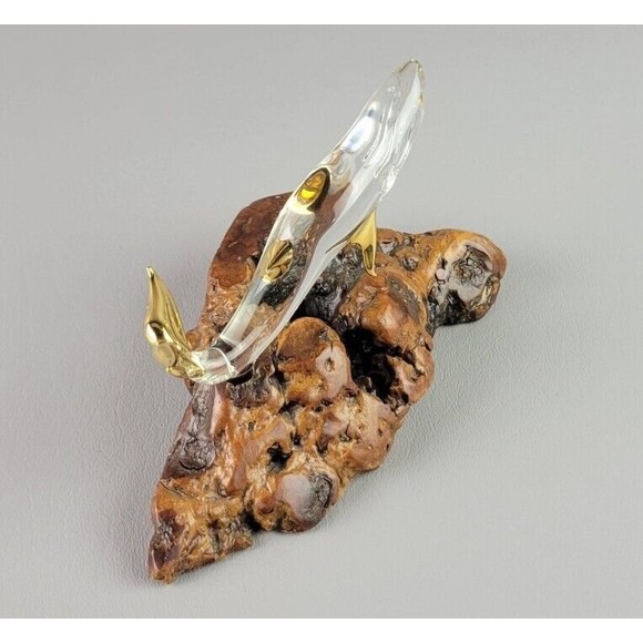 Glass Baron Handcrafted Humpback Whale Wood Mounted Base Gold Trim - Picture 3 of 11